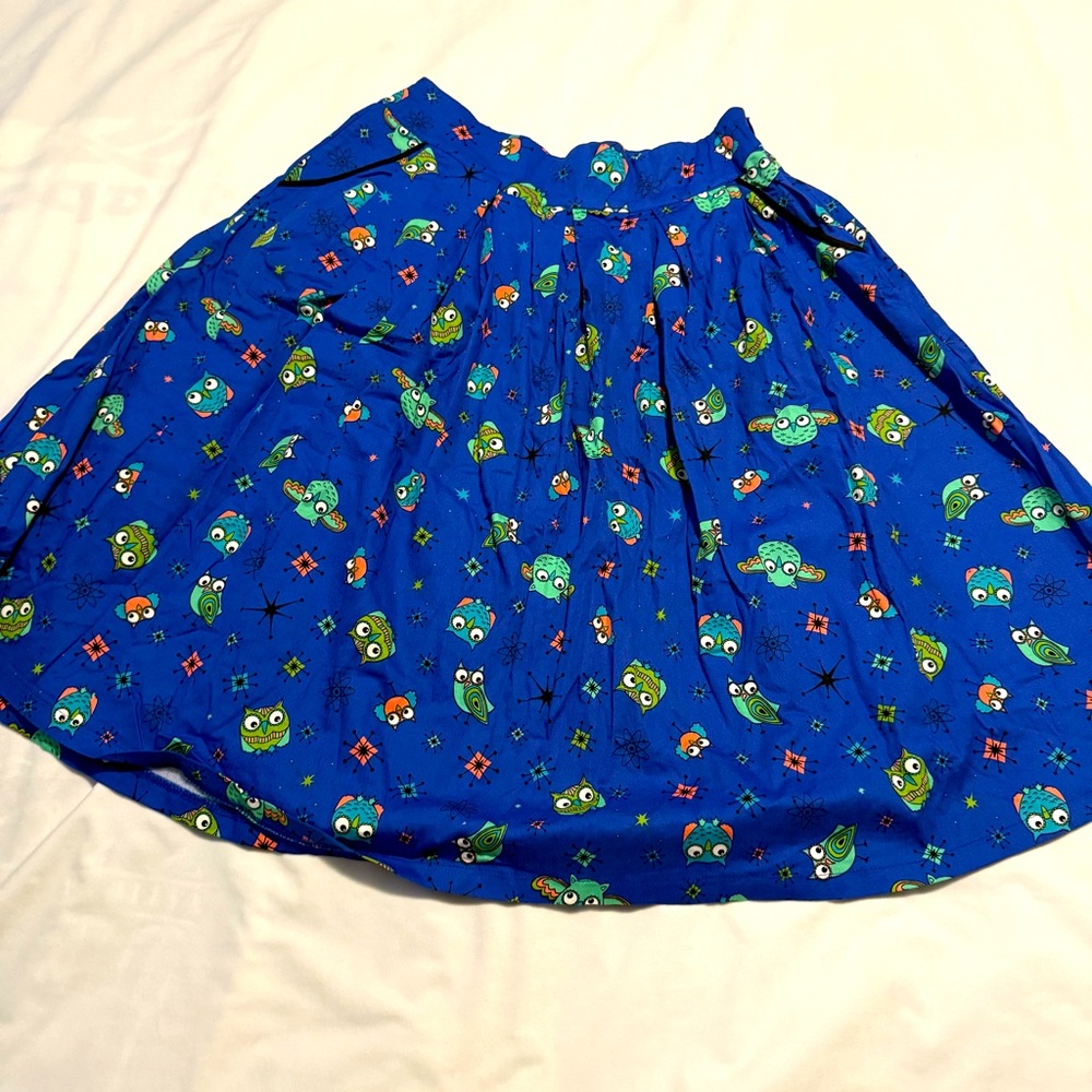 Modcloth Lindy Bop Blue atomic owls cotton skirt with POCKETS size 10